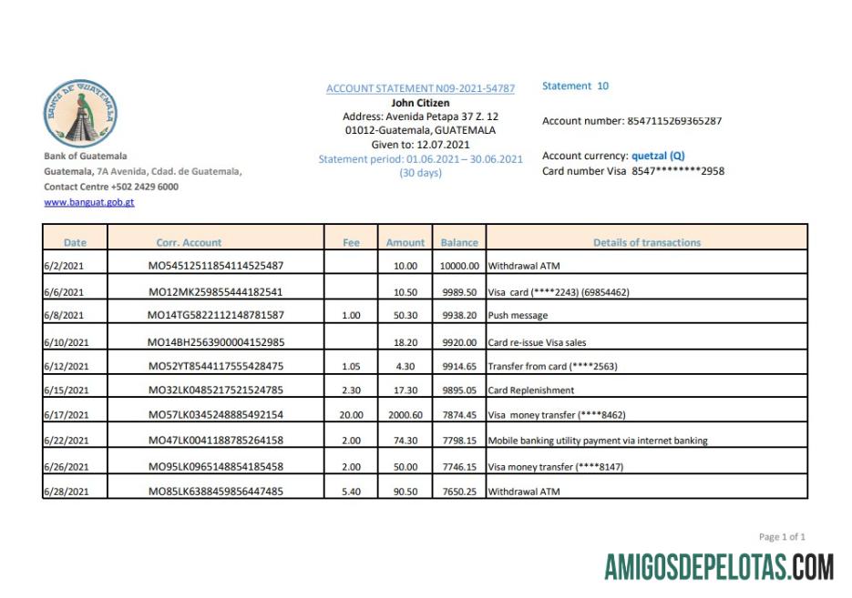 Extrato bancário realista do Guatemala Banco De Guatemala Modelo fácil de preencher em formato Excel e PDF
